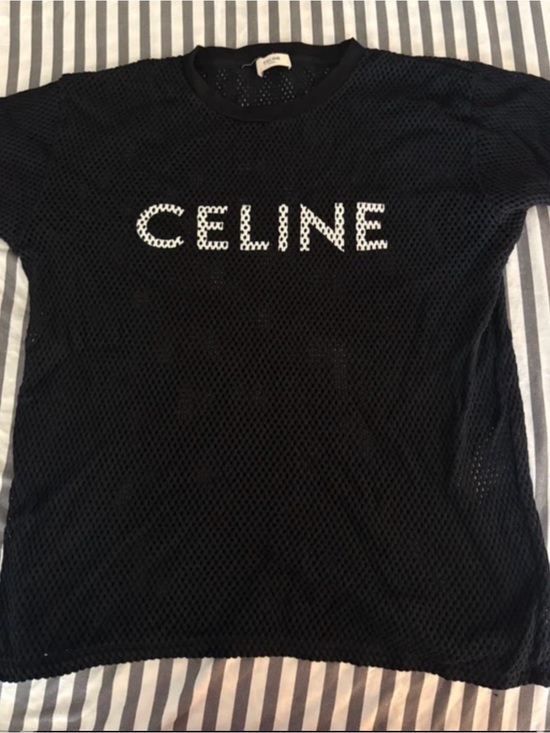 Celine Tops - Celine Black Mesh Logo Tee with White Lettering
